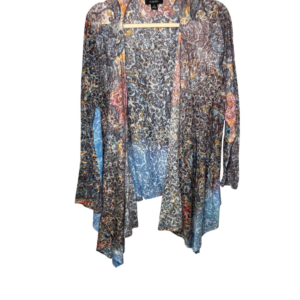 Kaktus Womens Cardigan 2X Blue Paisley Waterfall Hem Bohemian Lightweight Open